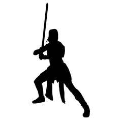 Silhouette of a female warrior carrying sword weapon.