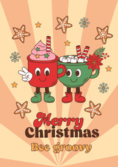 Christmas poster with groovy retro mugs