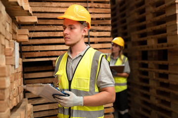 Two Caucasian business man and woman use clipboard checking with stock timber background at wood factory