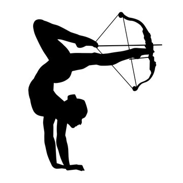 recommend clip art: Silhouette of a woman archer doing handstand targeting with her arrow and bow weapon.