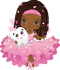 Vector Cute African American Tooth Fairy with Tooth