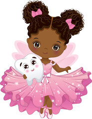 Vector Cute African American Tooth Fairy with Tooth