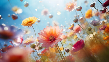 Obraz na płótnie Canvas Blumen Pollen fliegen mit viel Licht auf einer bunten Blumenwiese herum als Hintergrund
