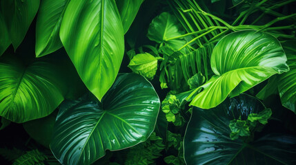 Plants and leaves of the Amazonian vegetation, tropical green leaf contrast, Vibrant Tones, nature backdrop, nature leaves background, summer forest plant concept
