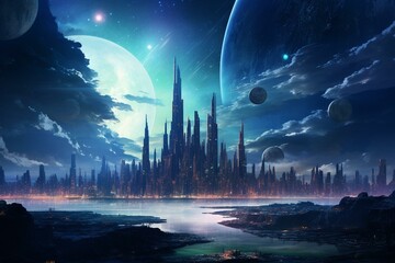 Futuristic night city in distant galaxy. Generative AI - obrazy, fototapety, plakaty