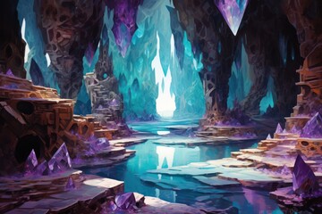 Abstract crystal cave with shimmering amethyst geodes and turquoise pools. - obrazy, fototapety, plakaty