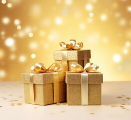 A table with a group of beautifully wrapped gold presents