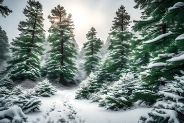 pine trees covered with deep snow in snowy mountain 