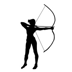 Silhouette of a female archer in action pose. Silhouette of an archer woman in aiming pose with arrow weapon.