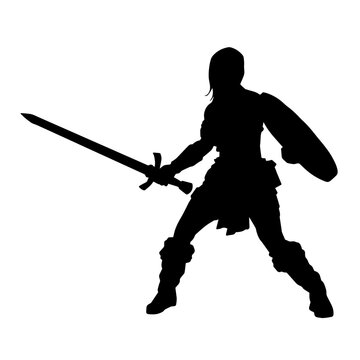 recommend clip art: Silhouette of a female warrior in battle armor carrying sword weapon and iron shield.