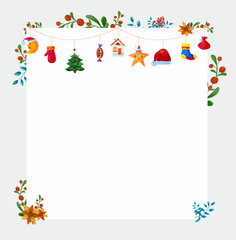 Christmas frame with colorful branches and colorful decorations.