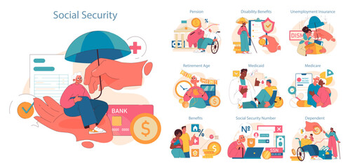 Social Security set. Dive deep into the world of social benefits with diverse individuals navigating pensions, disability perks, and medical aids. Protective hands ensure security . Flat vector.