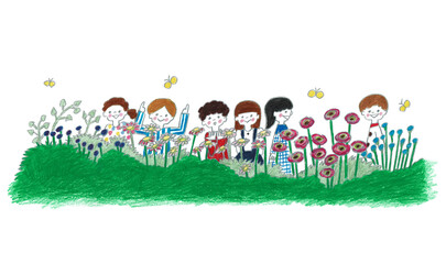 花の咲く庭と子供たち