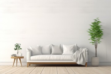 Mockup of modern living room with blank white wall background. Generative AI