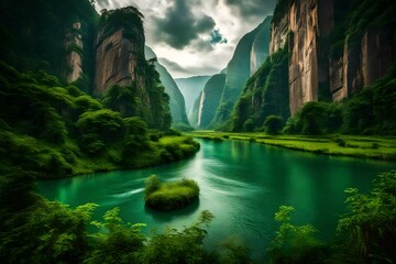A pristine, emerald-green river winding through a lush valley, surrounded by towering cliffs and...