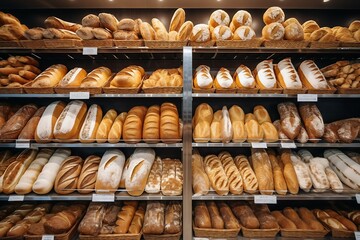 Breads on supermarket shelves, Different bread, baguettes, bagels, bread buns, and a variety of other fresh bread on display on grocery store bakery shelves, bread in a bakery,bread buns on baker shop - obrazy, fototapety, plakaty