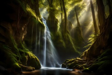 A towering waterfall cascading down a rocky cliff into a hidden, mossy grotto, with soft, ethereal light filtering through the canopy. --