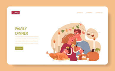 Joyful family celebrating Thanksgiving web banner or landing page. American holiday dining and gathering. Happy couple spending time together. Flat vector illustration
