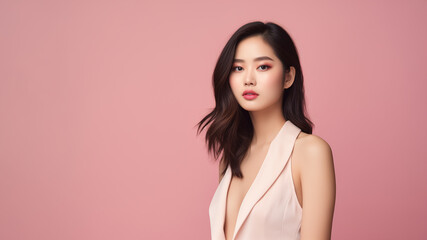 Fototapeta premium Portrait of young Asian woman isolated on pink background. Concept of health and beauty.