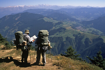 two tourists traveling with large backpacks and a map on foot, travel and tourism concept