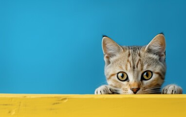 Precioso retrato frontal de gato sobre fondo amarillo/azul con espacio para texto. 