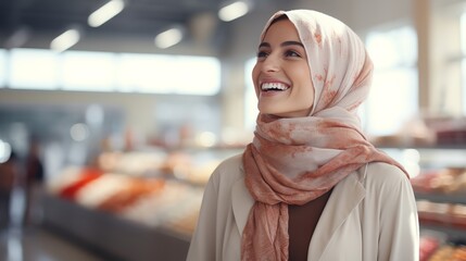 Gorgeous young Middle Eastern woman at a grocery store while sporting a headscarf. Generative Ai. - obrazy, fototapety, plakaty