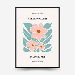Abstract floral posters template. Modern trendy Matisse minimal style. Pink and blue colors. Hand drawn design for wallpaper, wall decor, print, postcard, cover, template, banner.