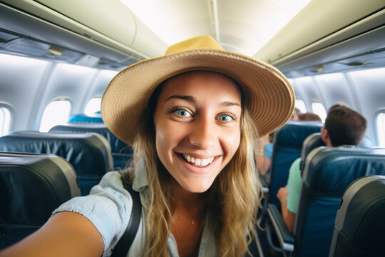 Foto selfie de pasajeros en el avión antes de viajar. 