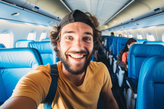 Foto selfie de pasajeros en el avión antes de viajar. 