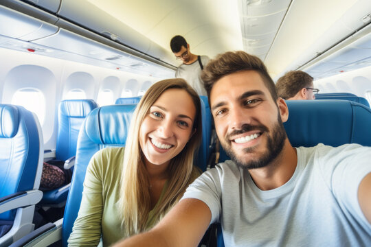 Foto selfie de pasajeros en el avión antes de viajar. 