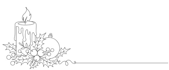 Christmas candle and flowers line art style vector illustration
