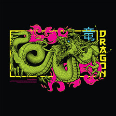 "Dragon". Oriental Asian dragon zodiac sign. Vector illustration in engraving technique of coiled serpent dragon with horns on background with clouds.