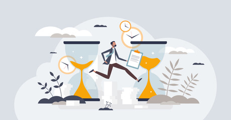 Overemployment and stressful time management for work tiny person concept. Unhealthy struggle about paperwork tasks and job stress vector illustration. Workaholic businessman with daily multitasking.