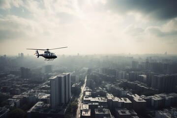 helicopter flying over urban landscape. Generative AI - obrazy, fototapety, plakaty