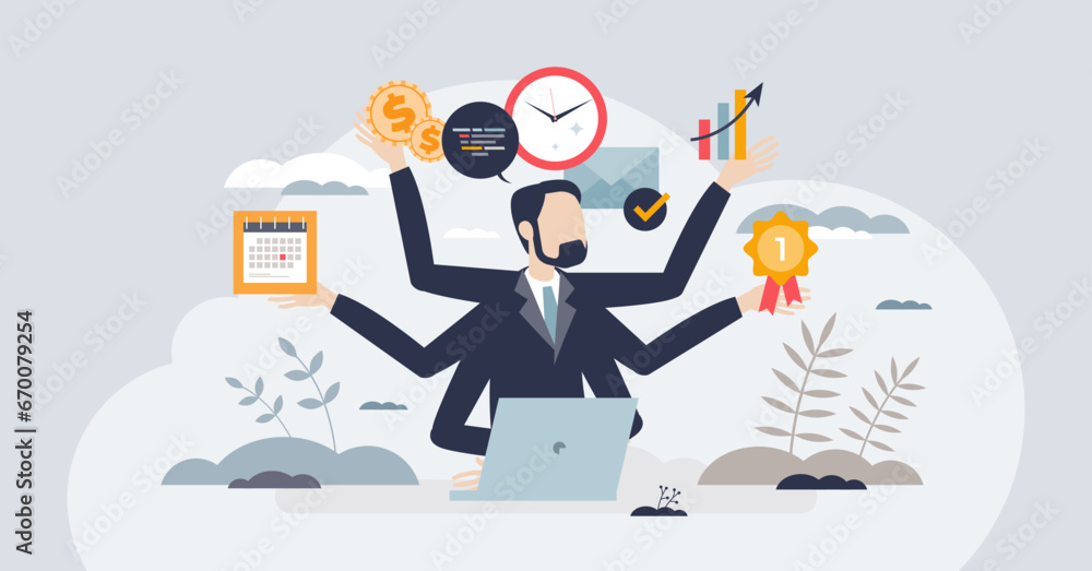 Poster overemployment as multiple jobs and overworked struggle tiny person concept. stress from unhealthy b