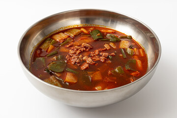 green onion yukgaejang on white background