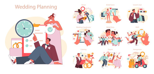 Wedding Planning set. Bride and groom navigating matrimonial preparations. Venue choice, bridal gown selection, RSVPs. Celebratory mood with cheerful friends. Flat vector illustration.