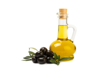 Olive oil in a bottle isolated on white background. Oil bottle with branches and fruits of olives.  cooking oil and salad dressing.