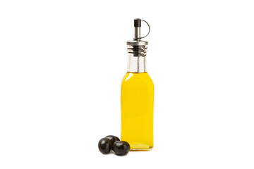 Olive oil in a bottle isolated on white background. Oil bottle with branches and fruits of olives.  cooking oil and salad dressing.
