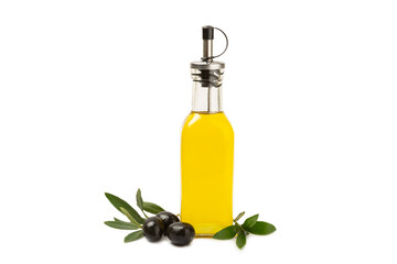 Olive oil in a bottle isolated on white background. Oil bottle with branches and fruits of olives.  cooking oil and salad dressing.