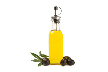 Olive oil in a bottle isolated on white background. Oil bottle with branches and fruits of olives.  cooking oil and salad dressing.