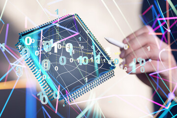 abstract lines with dots over dark background.