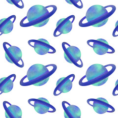 watercolor planets Saturn, Jupiter, Uranus, Neptune with ring around background. bright blue globe with ring around. Galaxy art, universe space seamless pattern for packaging paper, fabrics, textile