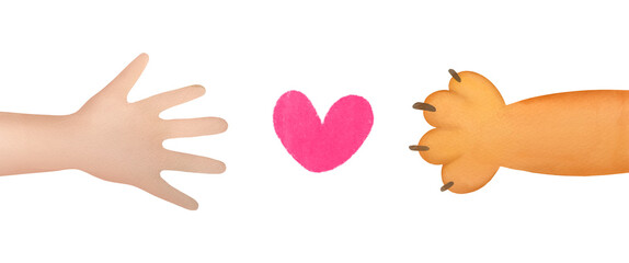 Animal Paw, Human Hand and heart. Animal Donation, Care and Protection concept. watercolor illustration, banner, card