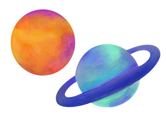Solar system cut out elements set. clip art watercolor planets collection on transparent background. universe space illustration. Galaxy art glowing orange ball and bright blue globe ring around