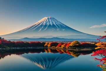 秋の紅葉観光地から望む逆さ富士 - obrazy, fototapety, plakaty