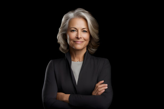 Senior female business leader smiling confident with arms crossed, wearing a stylish dark grey work outfit, standing against a black background