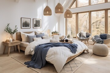 navy blue bedding against art panel in a combination of boho and japandi bedroom interior style