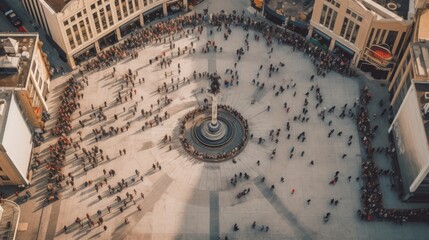 A birds eye view of a large plaza filled with cris. AI generated - obrazy, fototapety, plakaty
