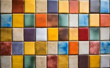 Colorful vintage ceramic tiles wall decoration. mosaic tiles, ceramic tiles wall background - 670081026